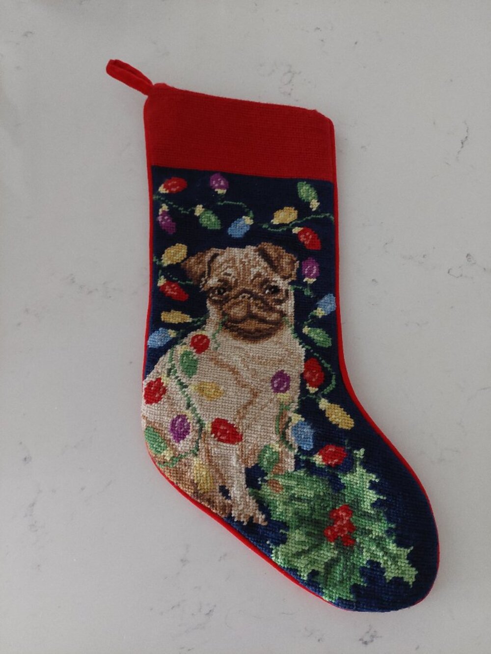 Christmas Stocking 18" Pug Dog 100% Wool Needlepoint Red Velvet Back